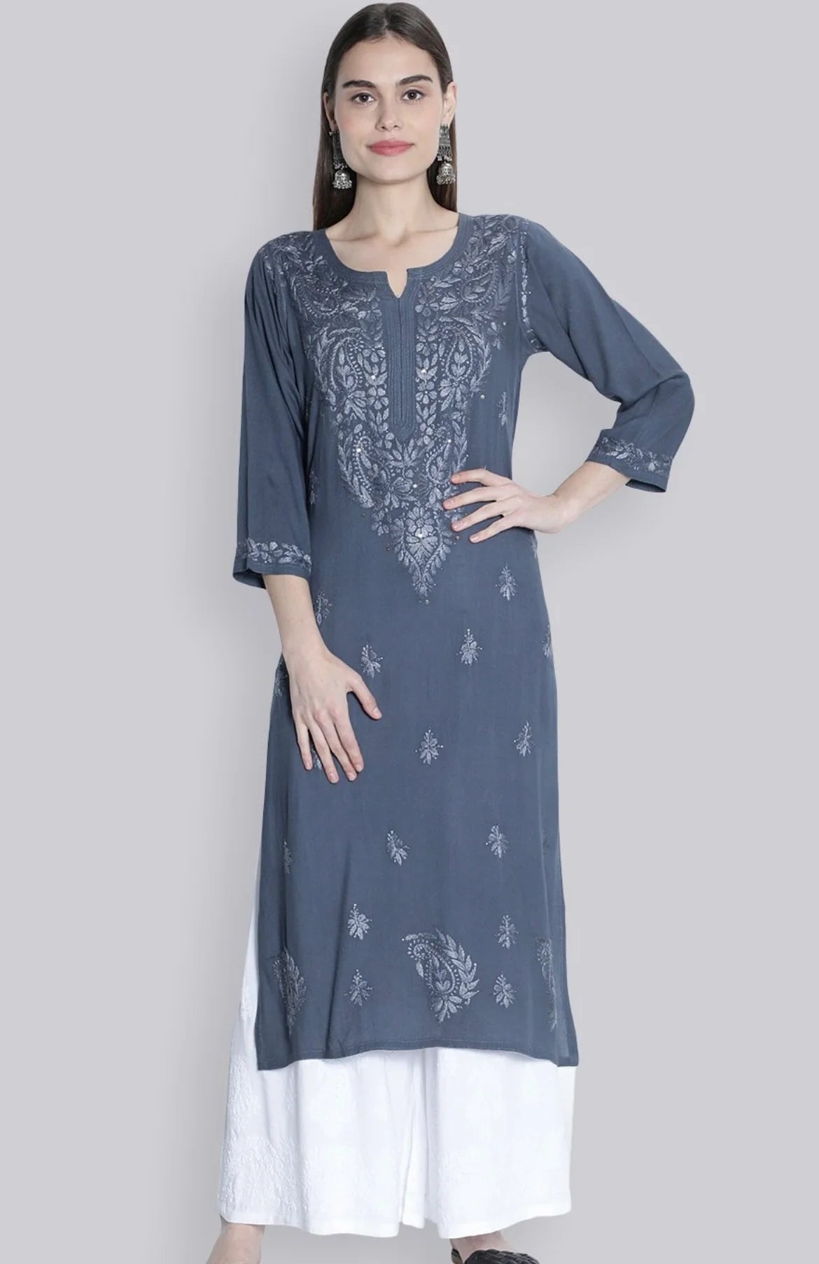 Gray Rawiya Dyed Chikankari Long Kurti