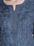 Gray Rawiya Dyed Chikankari Long Kurti