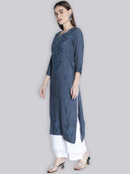 Gray Rawiya Dyed Chikankari Long Kurti
