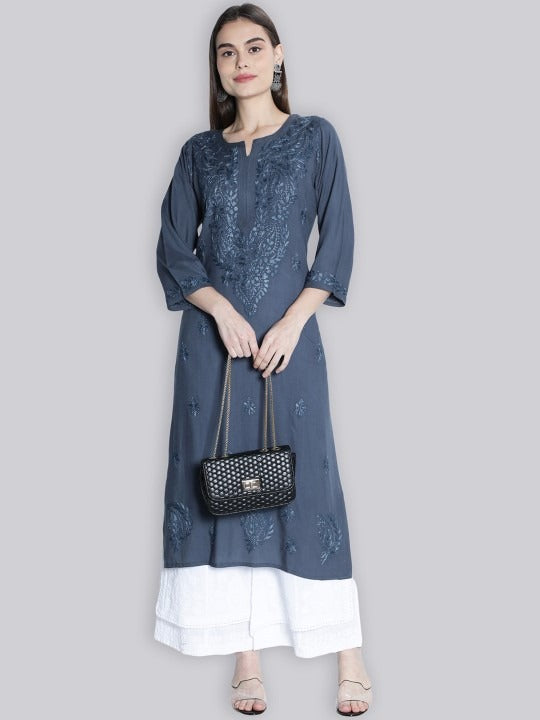 Gray Rawiya Dyed Chikankari Long Kurti