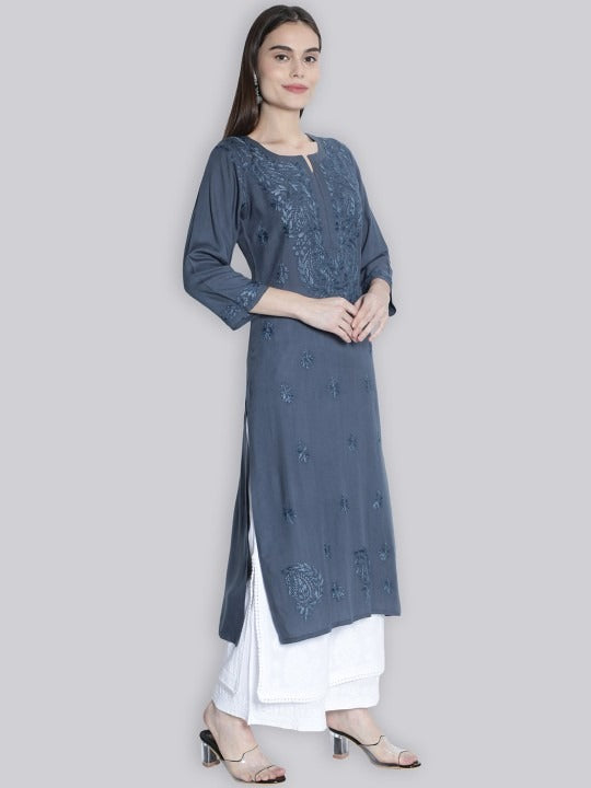 Gray Rawiya Dyed Chikankari Long Kurti