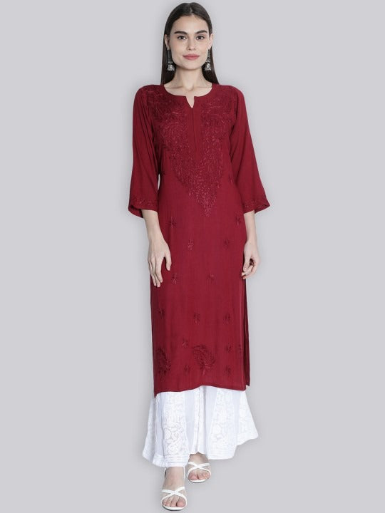 Maroon Rawiya Dyed Chikankari Long Kurti