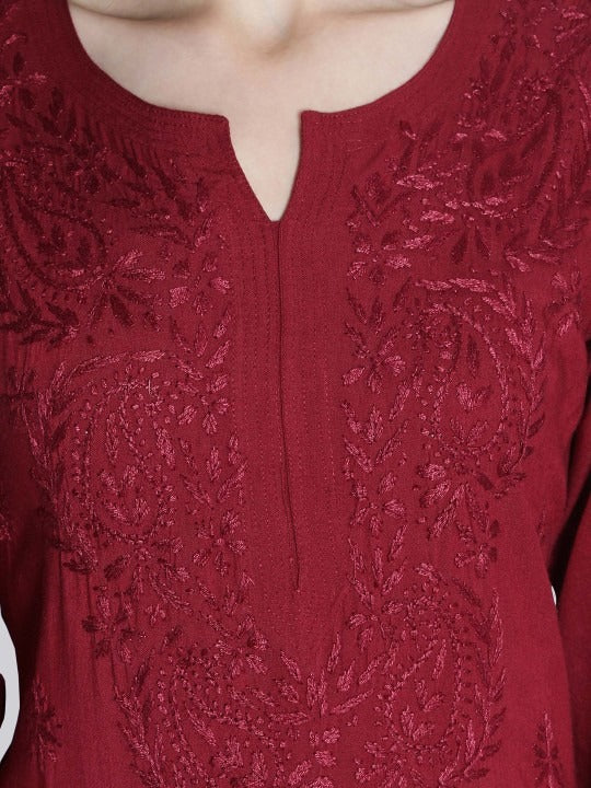 Maroon Rawiya Dyed Chikankari Long Kurti