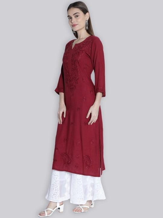 Maroon Rawiya Dyed Chikankari Long Kurti