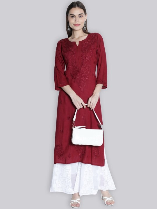 Maroon Rawiya Dyed Chikankari Long Kurti