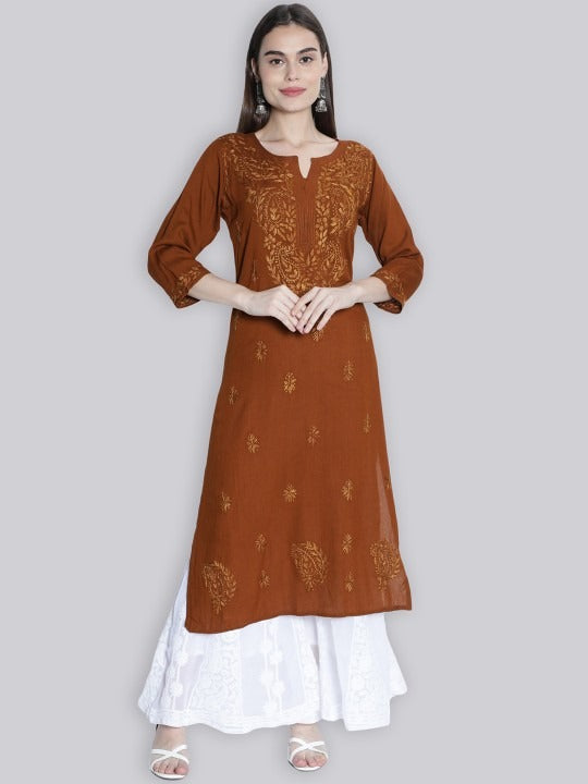 Mustard Rawiya Dyed Chikankari Long Kurti