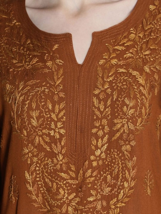Mustard Rawiya Dyed Chikankari Long Kurti