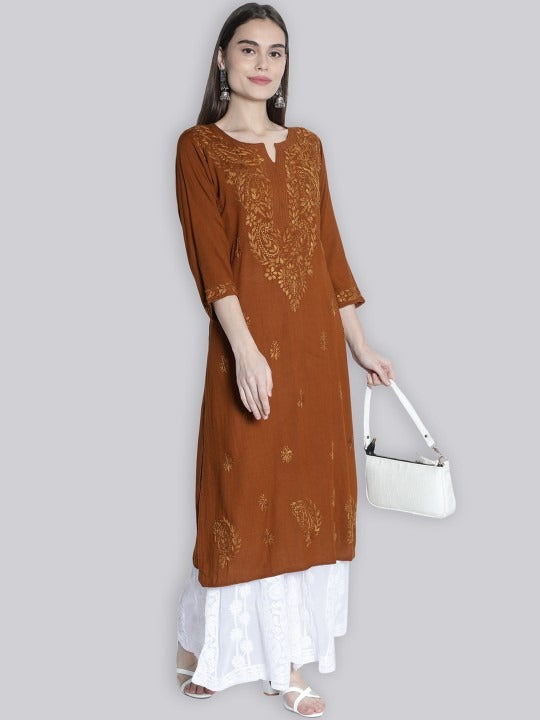 Mustard Rawiya Dyed Chikankari Long Kurti