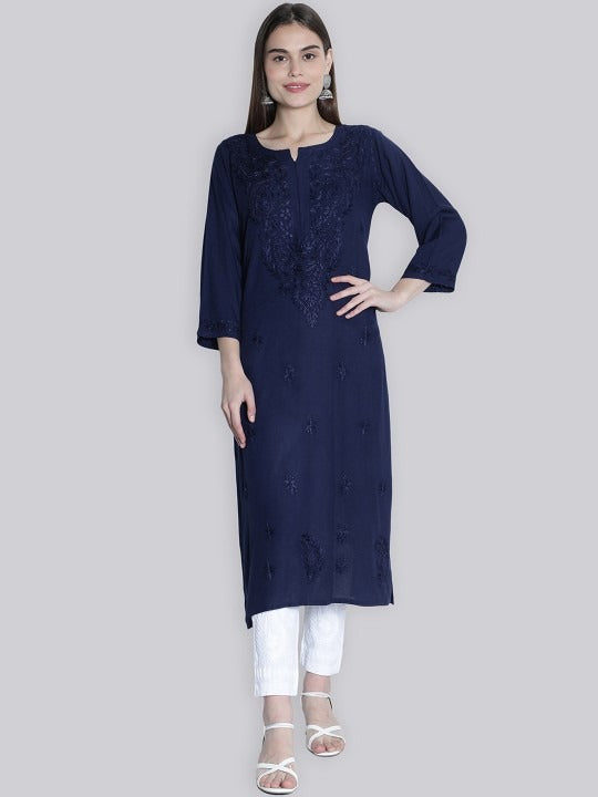 Navy Blue Rawiya Dyed Chikankari Long Kurti