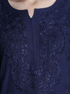 Navy Blue Rawiya Dyed Chikankari Long Kurti