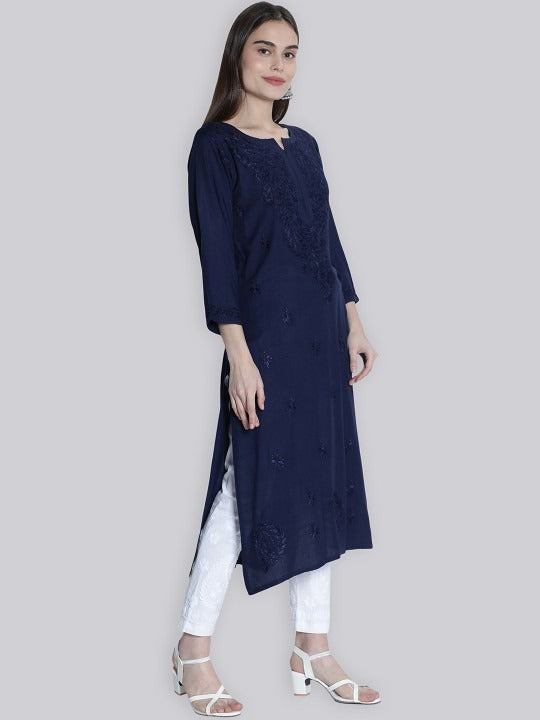 Navy Blue Rawiya Dyed Chikankari Long Kurti