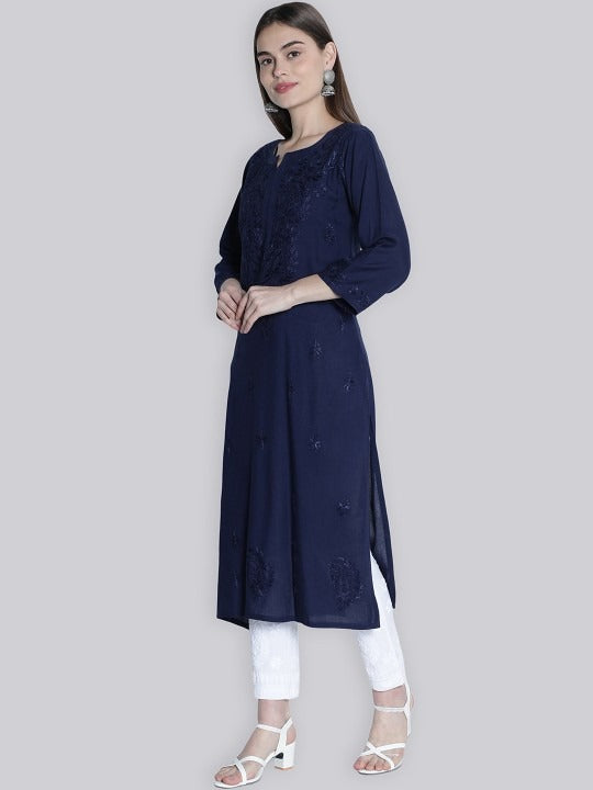Navy Blue Rawiya Dyed Chikankari Long Kurti