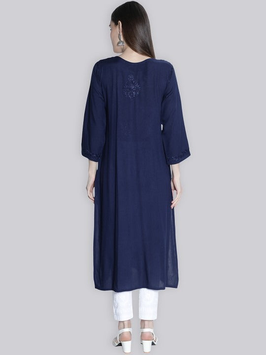 Navy Blue Rawiya Dyed Chikankari Long Kurti