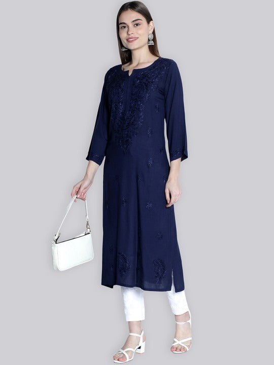 Navy Blue Rawiya Dyed Chikankari Long Kurti