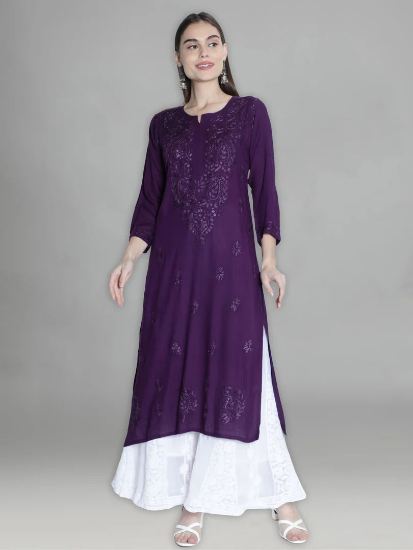 Purple Rawiya Dyed Chikankari Long Kurti