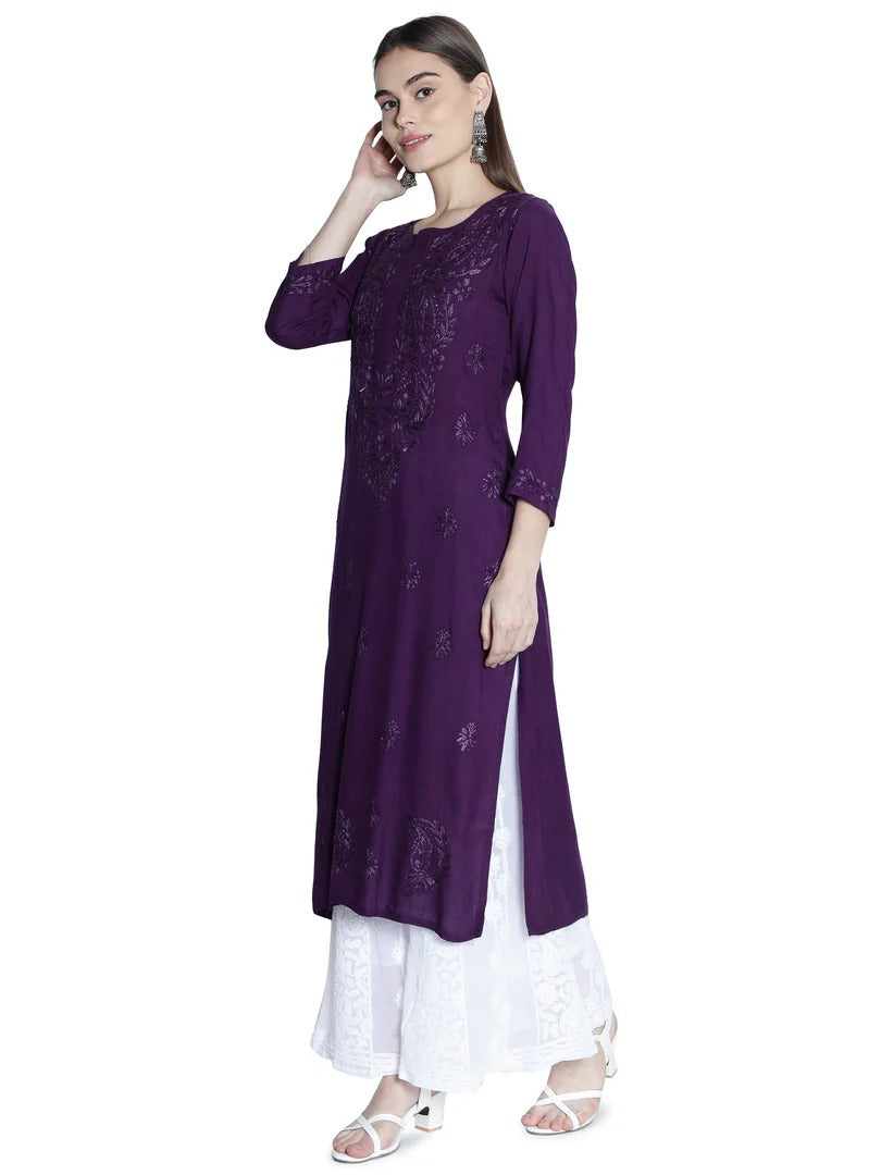 Purple Rawiya Dyed Chikankari Long Kurti