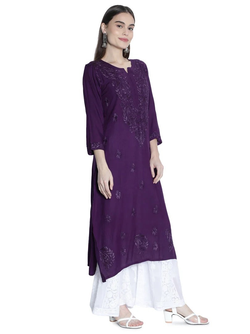 Purple Rawiya Dyed Chikankari Long Kurti