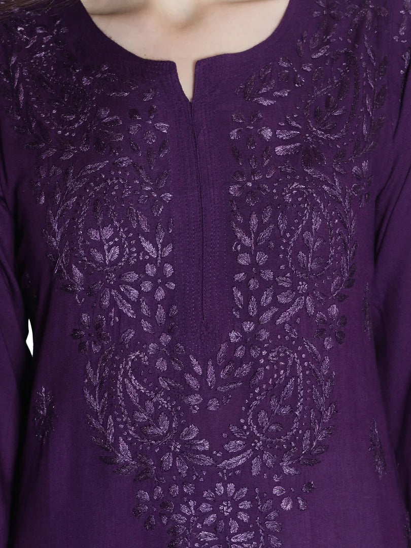 Purple Rawiya Dyed Chikankari Long Kurti