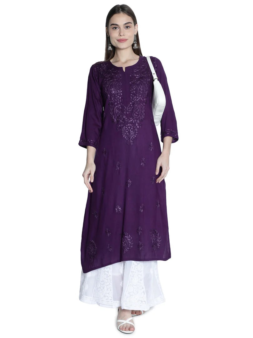 Purple Rawiya Dyed Chikankari Long Kurti