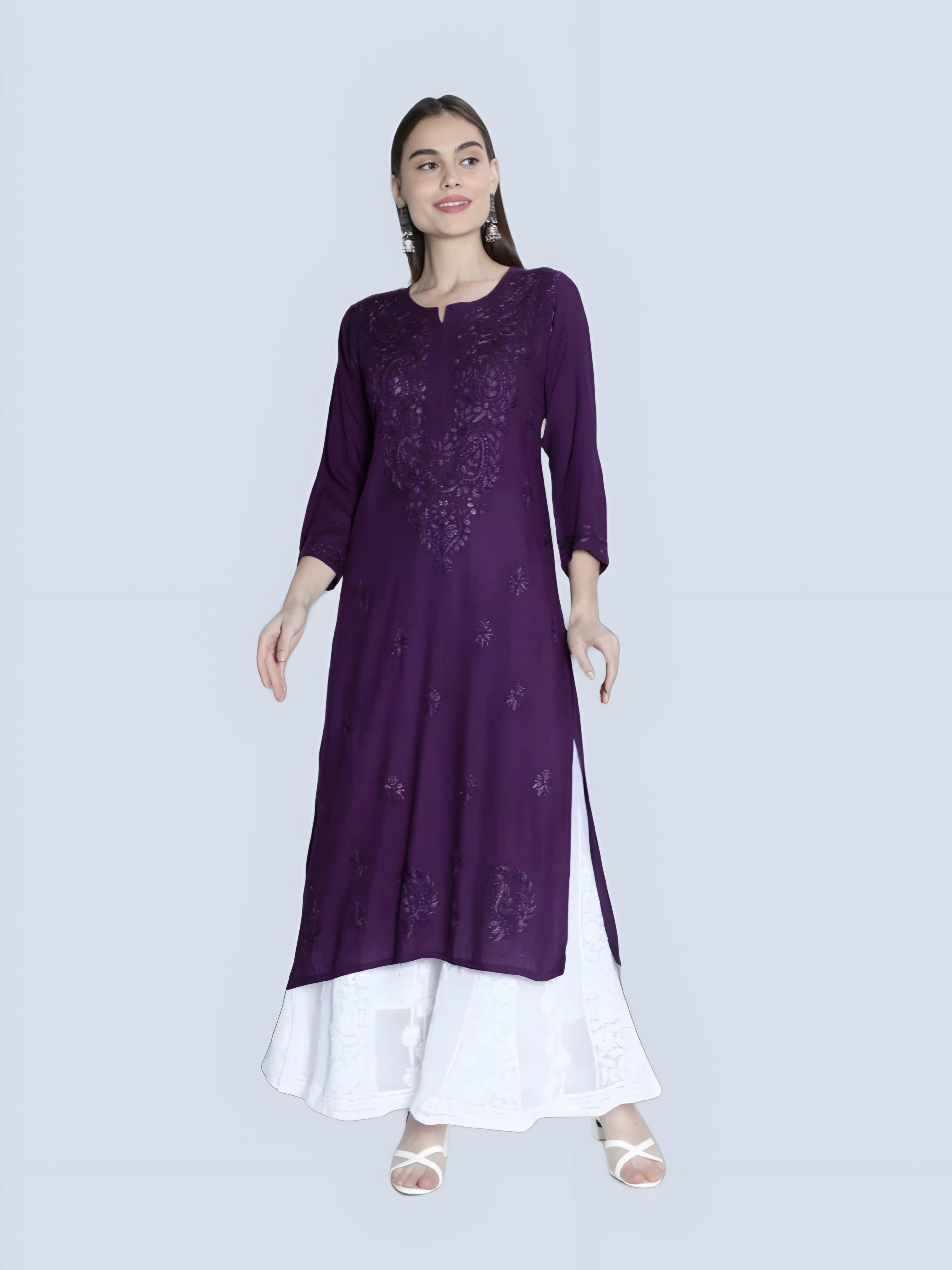 Purple Rawiya Dyed Chikankari Long Kurti