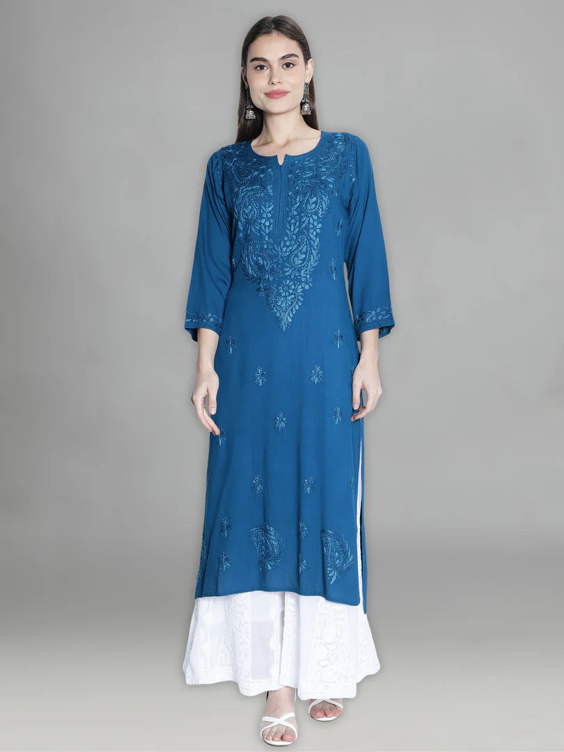Firozi Rawiya Dyed Chikankari Long Kurti