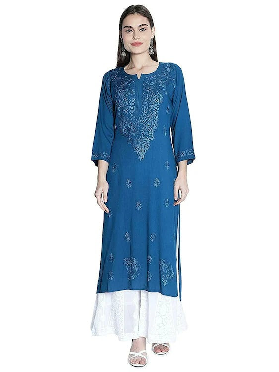 Firozi Rawiya Dyed Chikankari Long Kurti