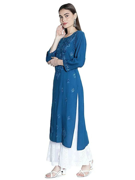 Firozi Rawiya Dyed Chikankari Long Kurti