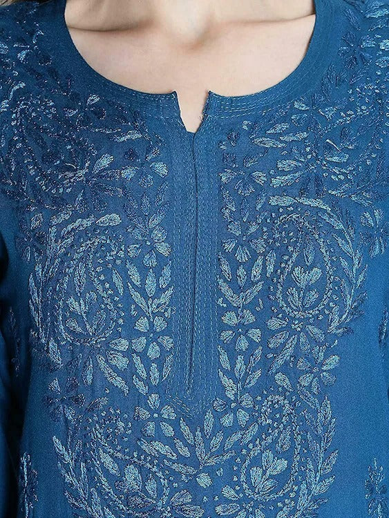 Firozi Rawiya Dyed Chikankari Long Kurti