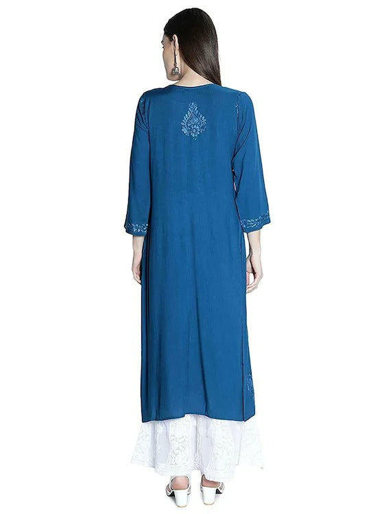 Firozi Rawiya Dyed Chikankari Long Kurti