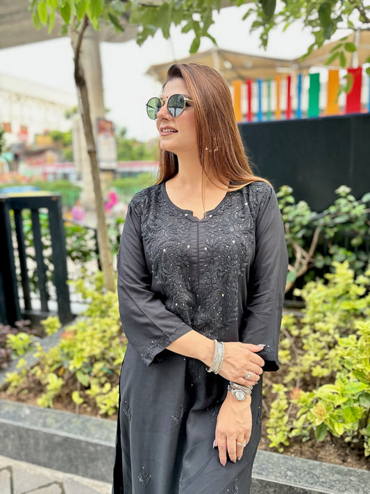 Premium Lucknowi Chikankari Handwork Rayon Kurta & Palazzo Set with Muquesh Embellishments