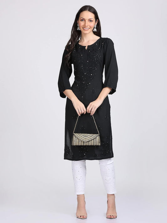 Super Comfy Rayon Chikankari Kurti with Muquesh Embellishments