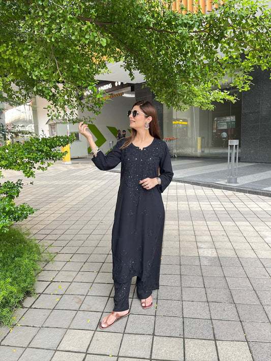 Premium Lucknowi Chikankari Handwork Rayon Kurta & Palazzo Set with Muquesh Embellishments