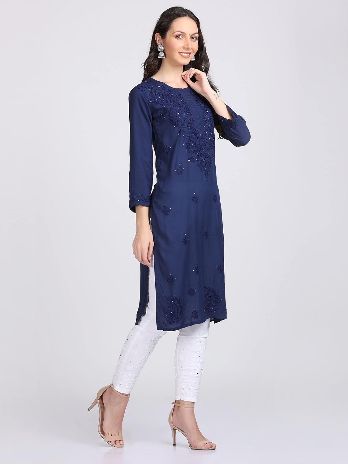 Navy Blue Madiha Rayon kurti with Muquesh Work