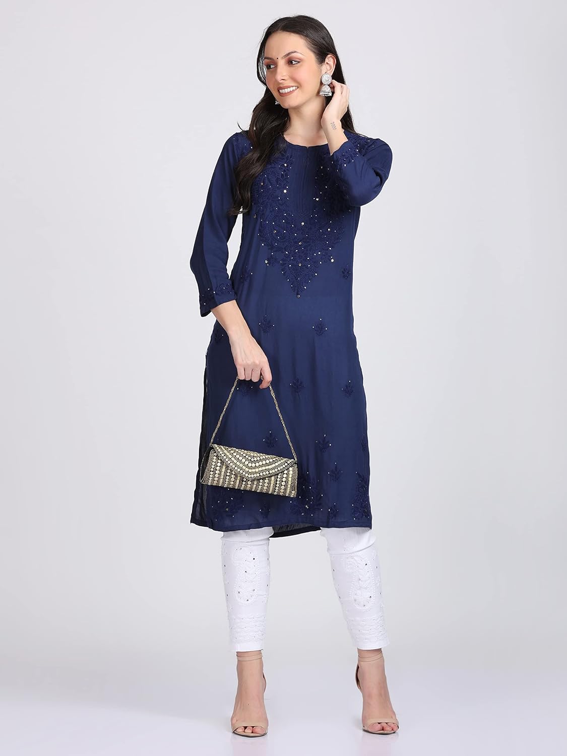 Navy Blue Madiha Rayon kurti with Muquesh Work