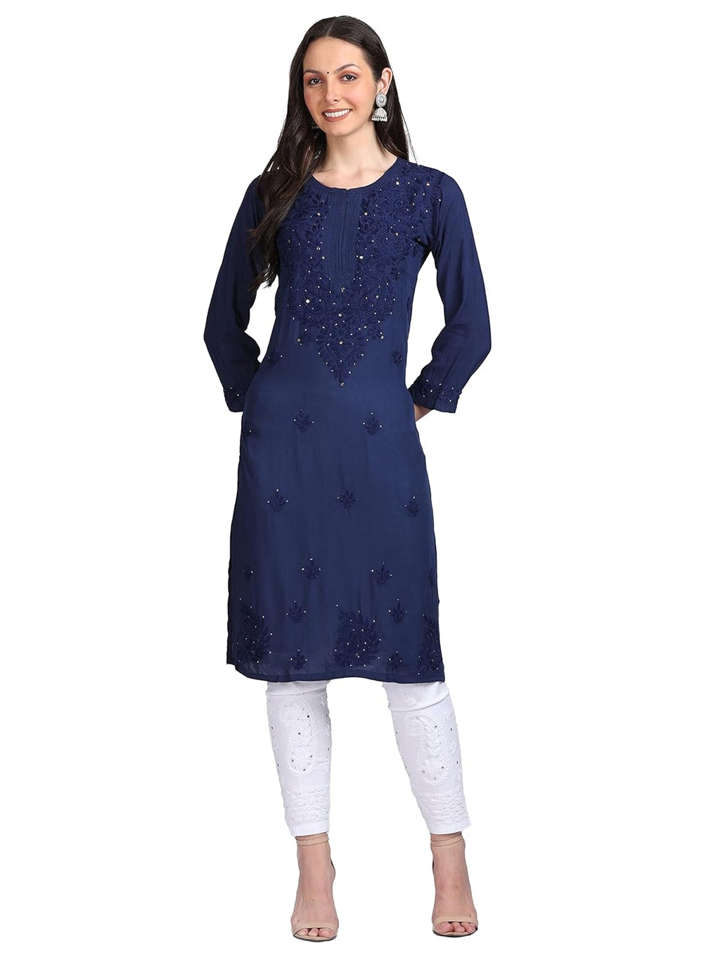 Navy Blue Madiha Rayon kurti with Muquesh Work