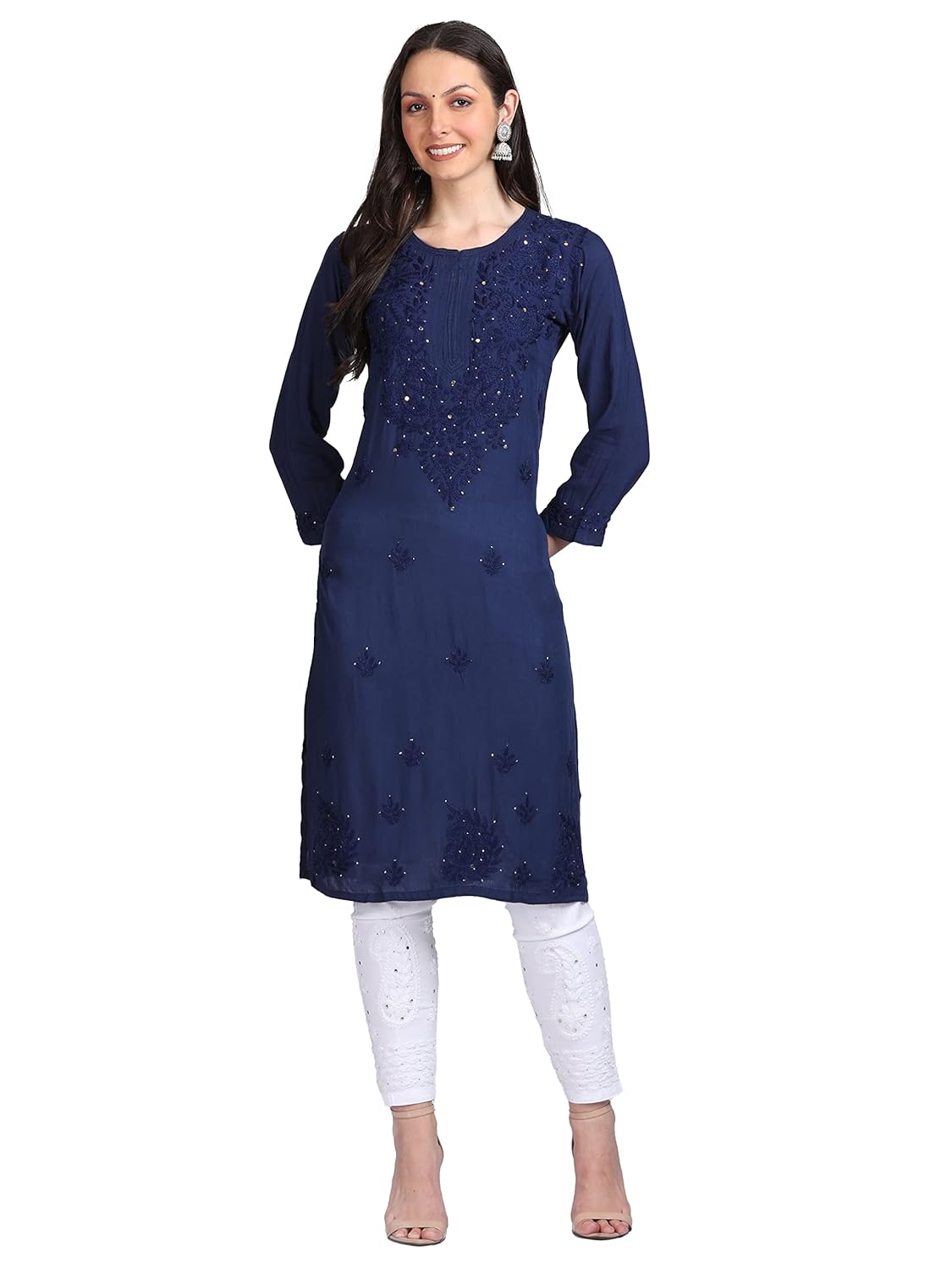 Navy Blue Madiha Rayon kurti with Muquesh Work