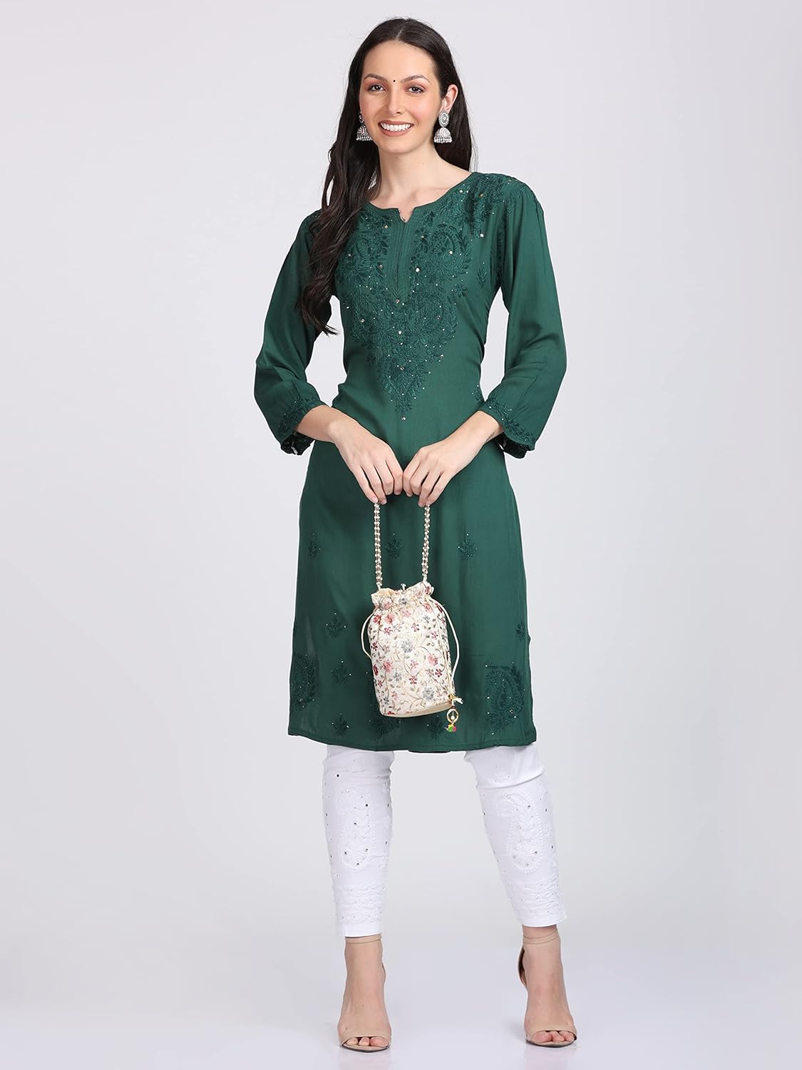 Bottle Green Madiha Rayon kurti with Muquesh Work