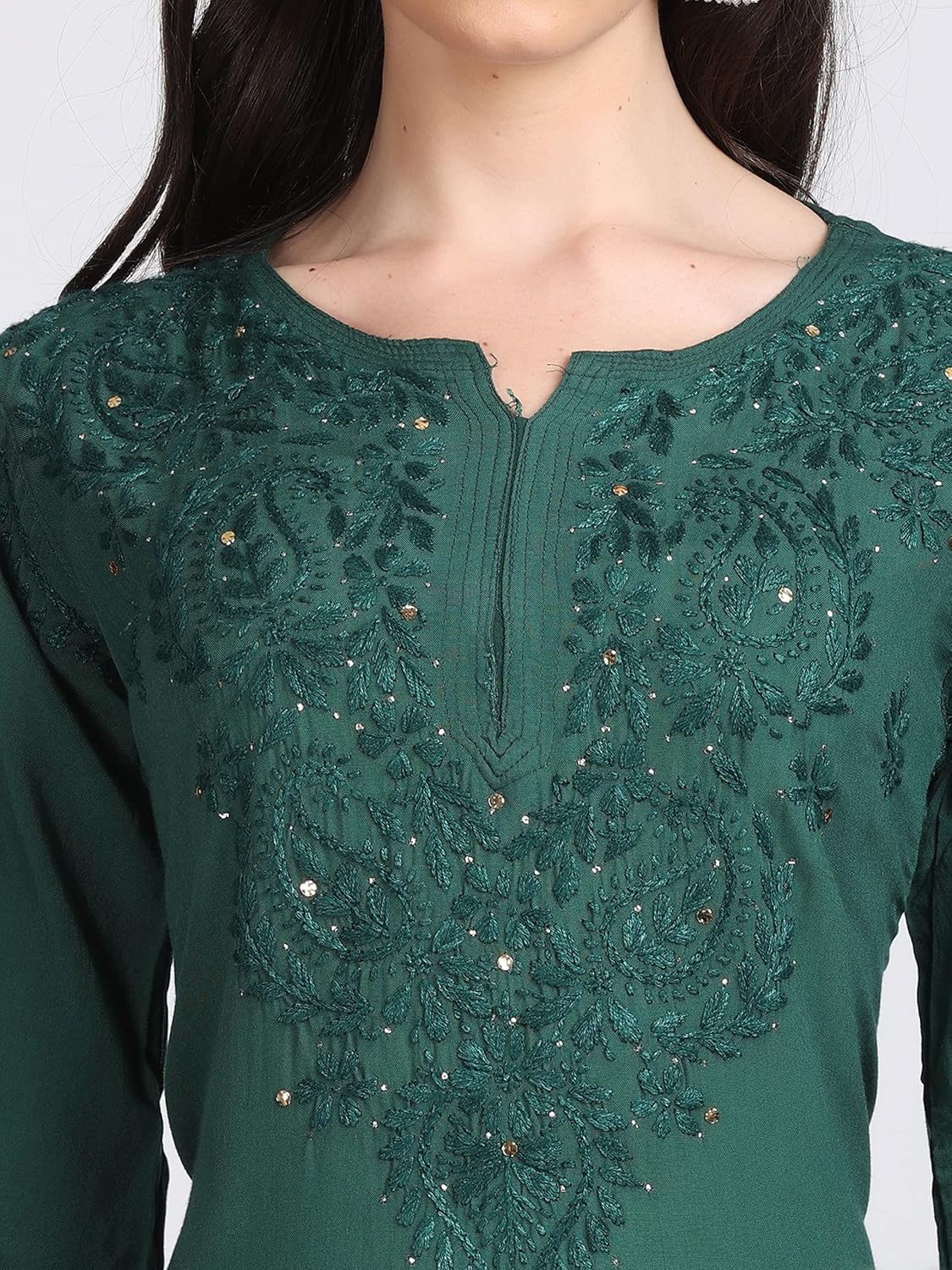 Bottle Green Madiha Rayon kurti with Muquesh Work