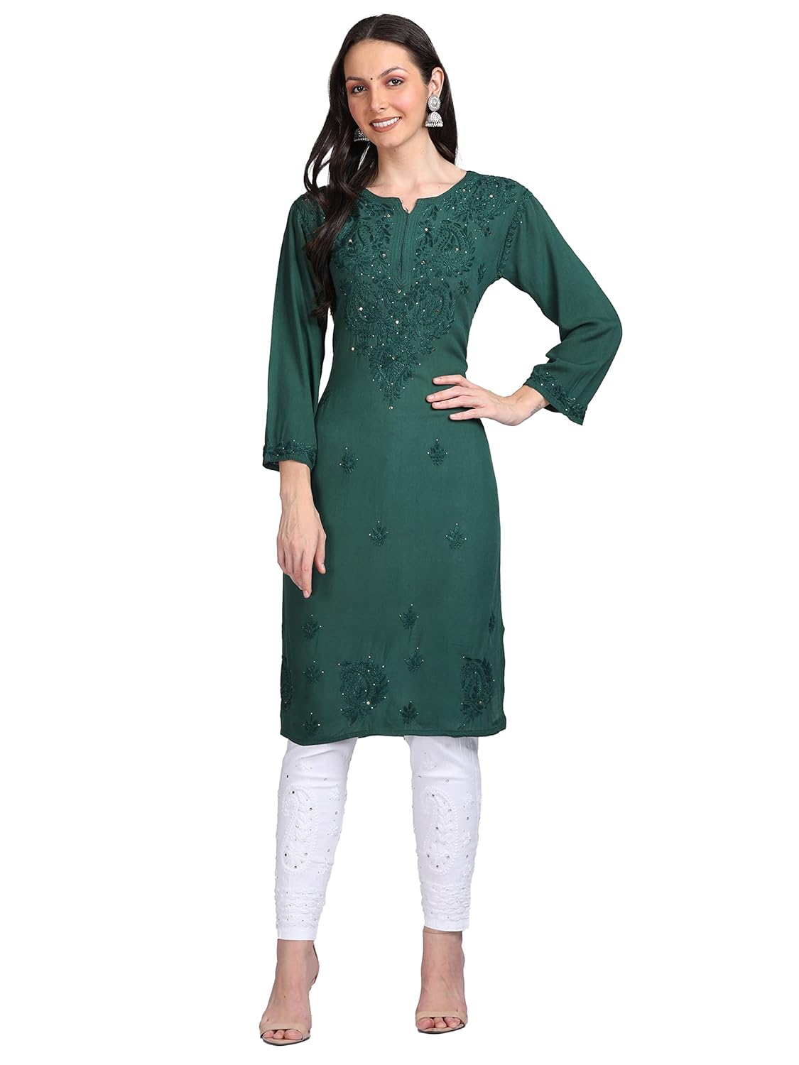 Bottle Green Madiha Rayon kurti with Muquesh Work