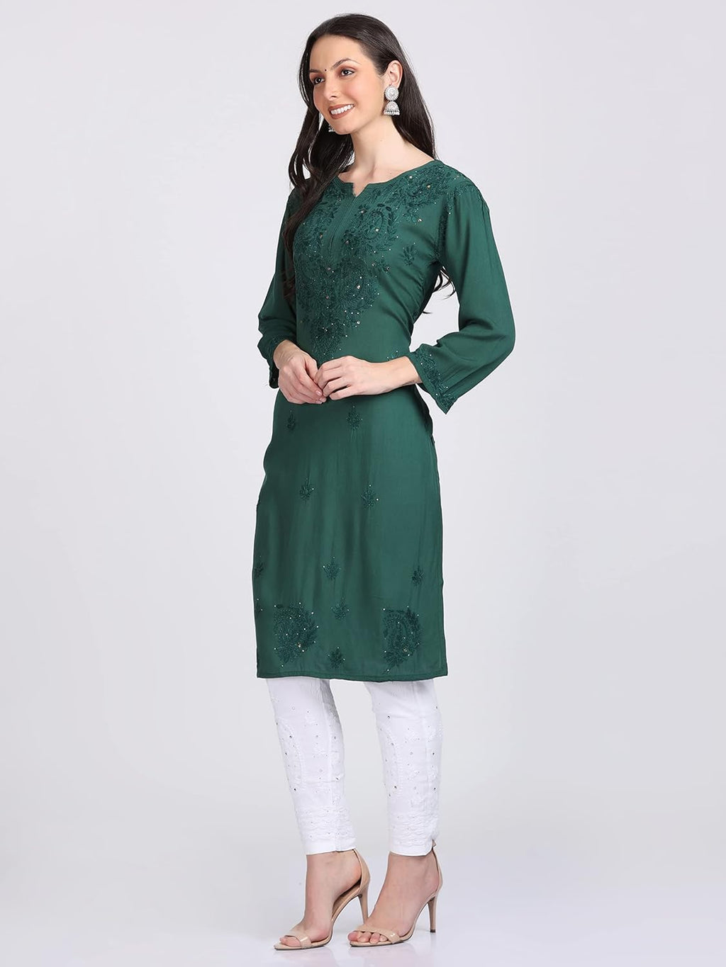Bottle Green Madiha Rayon kurti with Muquesh Work