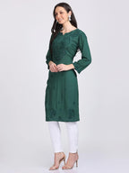 Bottle Green Madiha Rayon kurti with Muquesh Work