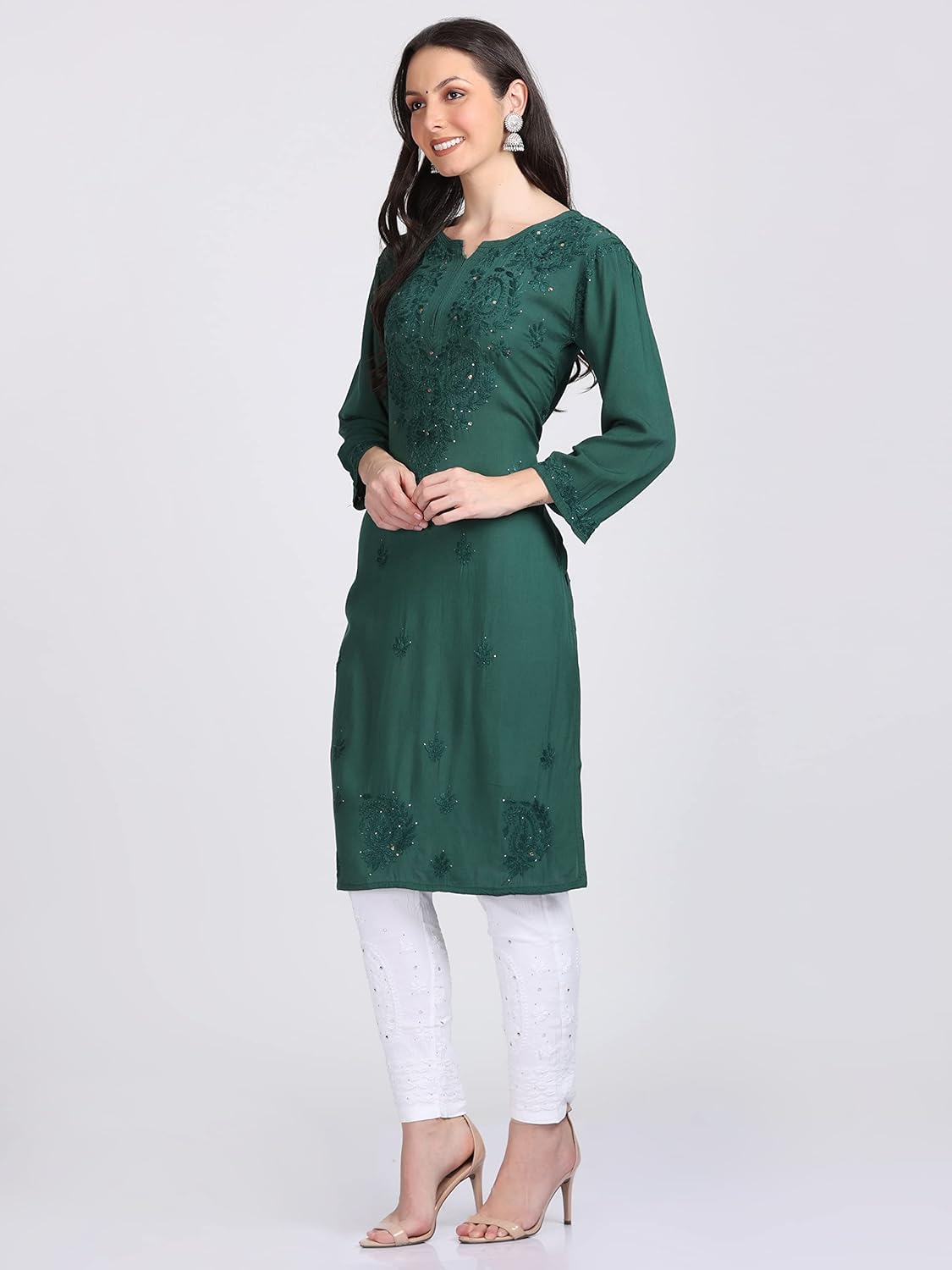 Bottle Green Madiha Rayon kurti with Muquesh Work