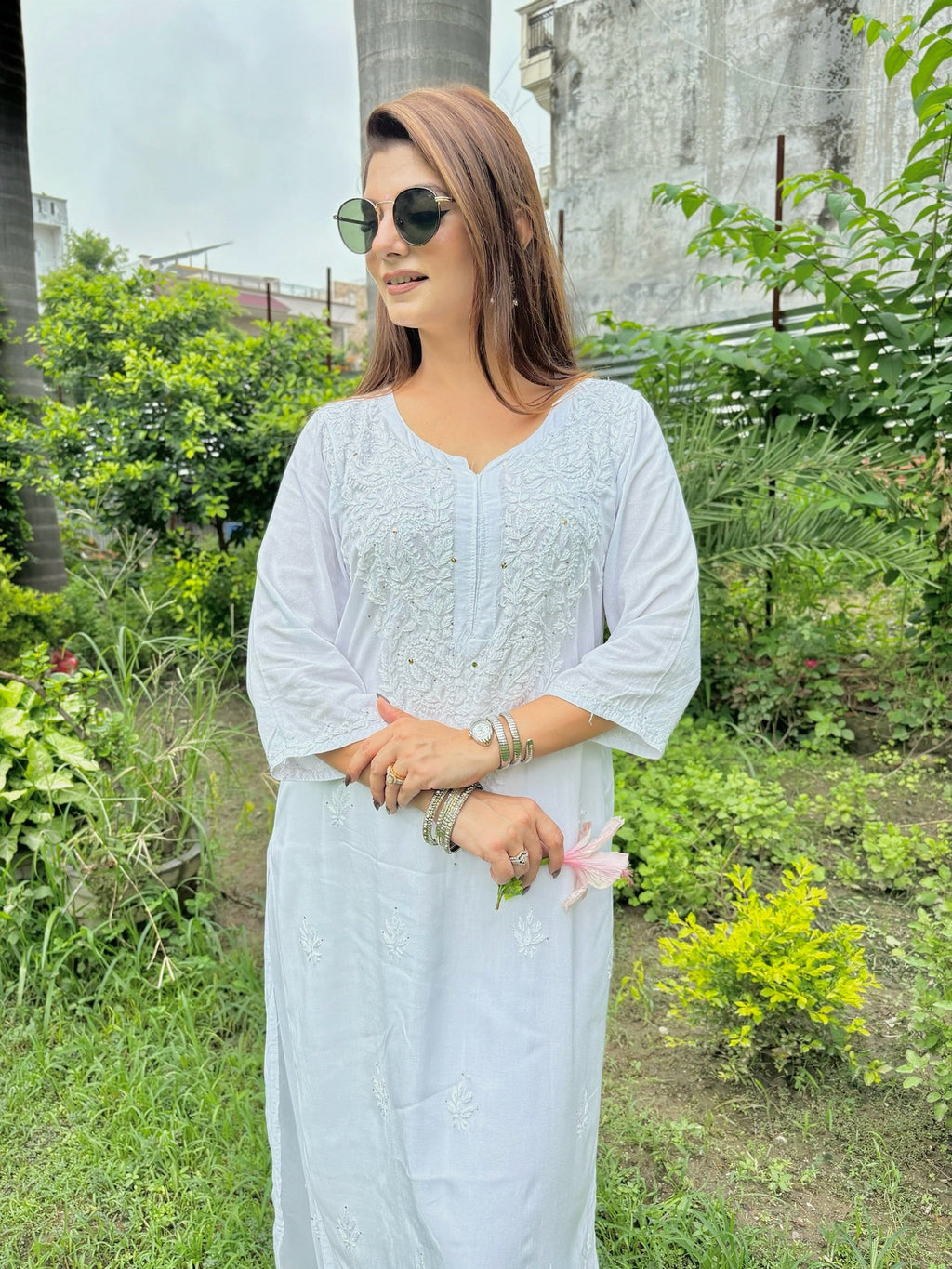 White Sawda Rayon Muquesh Kurti & Palazzo Set