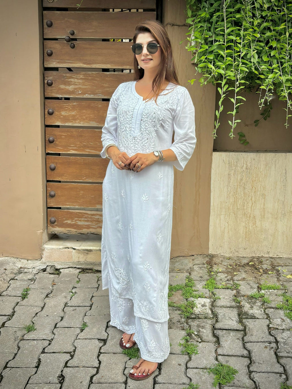 White Sawda Rayon Muquesh Kurti & Palazzo Set
