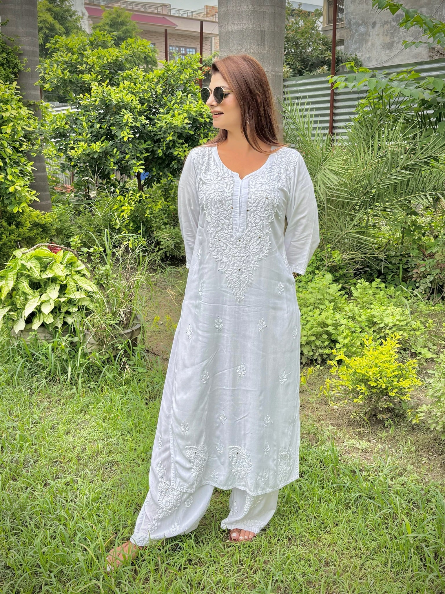 White Sawda Rayon Muquesh Kurti & Palazzo Set