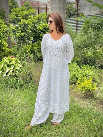 Premium Lucknowi Chikankari Handwork Rayon Kurta & Palazzo Set with Muquesh Embellishments