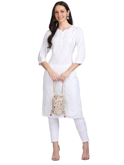 Super Comfy Rayon Chikankari Kurti with Muquesh Embellishments