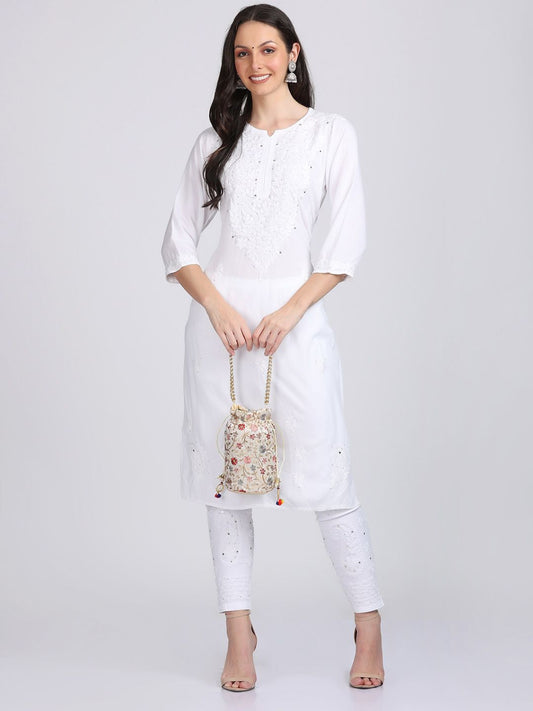 Super Comfy Rayon Chikankari Kurti with Muquesh Embellishments