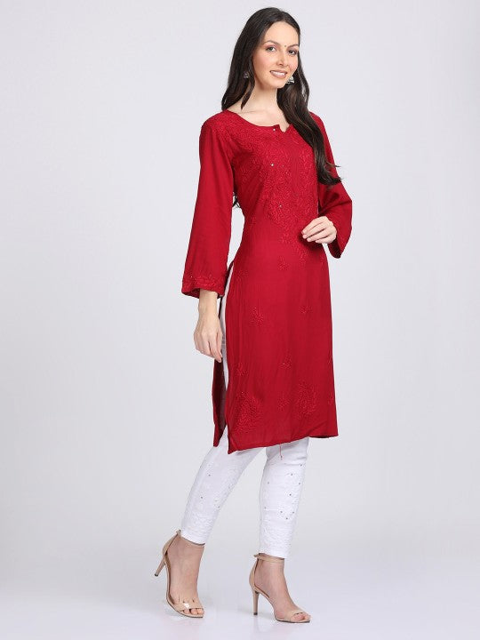 Maroon Madiha Rayon kurti with Muquesh Work