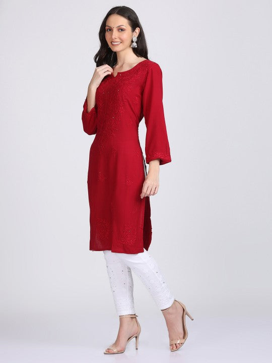 Maroon Madiha Rayon kurti with Muquesh Work